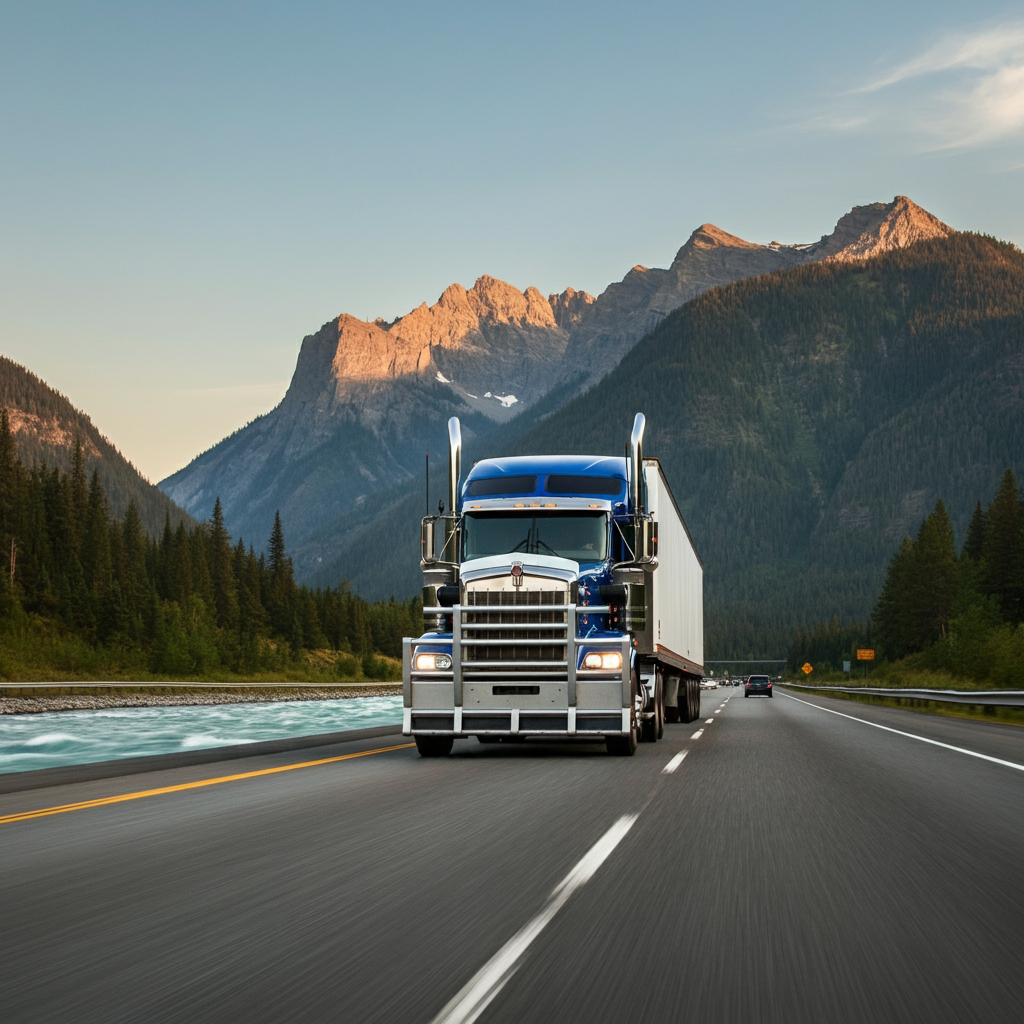 A blue semi-truck, linked to a freight brokerage, drives on a highway through a mountainous landscape, with trees and a river alongside, under a clear sky.
