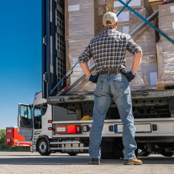 Freight truck loading at a warehouse.