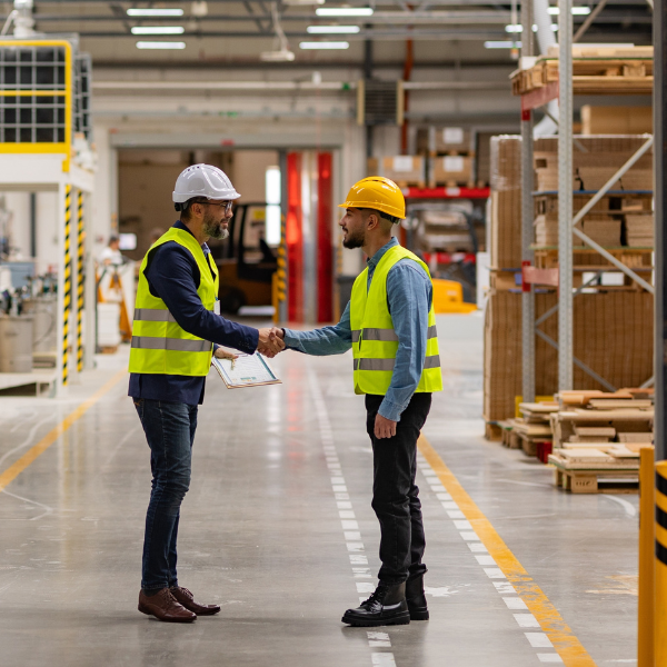 Business handshake with freight trucks in the background symbolizing logistics partnerships